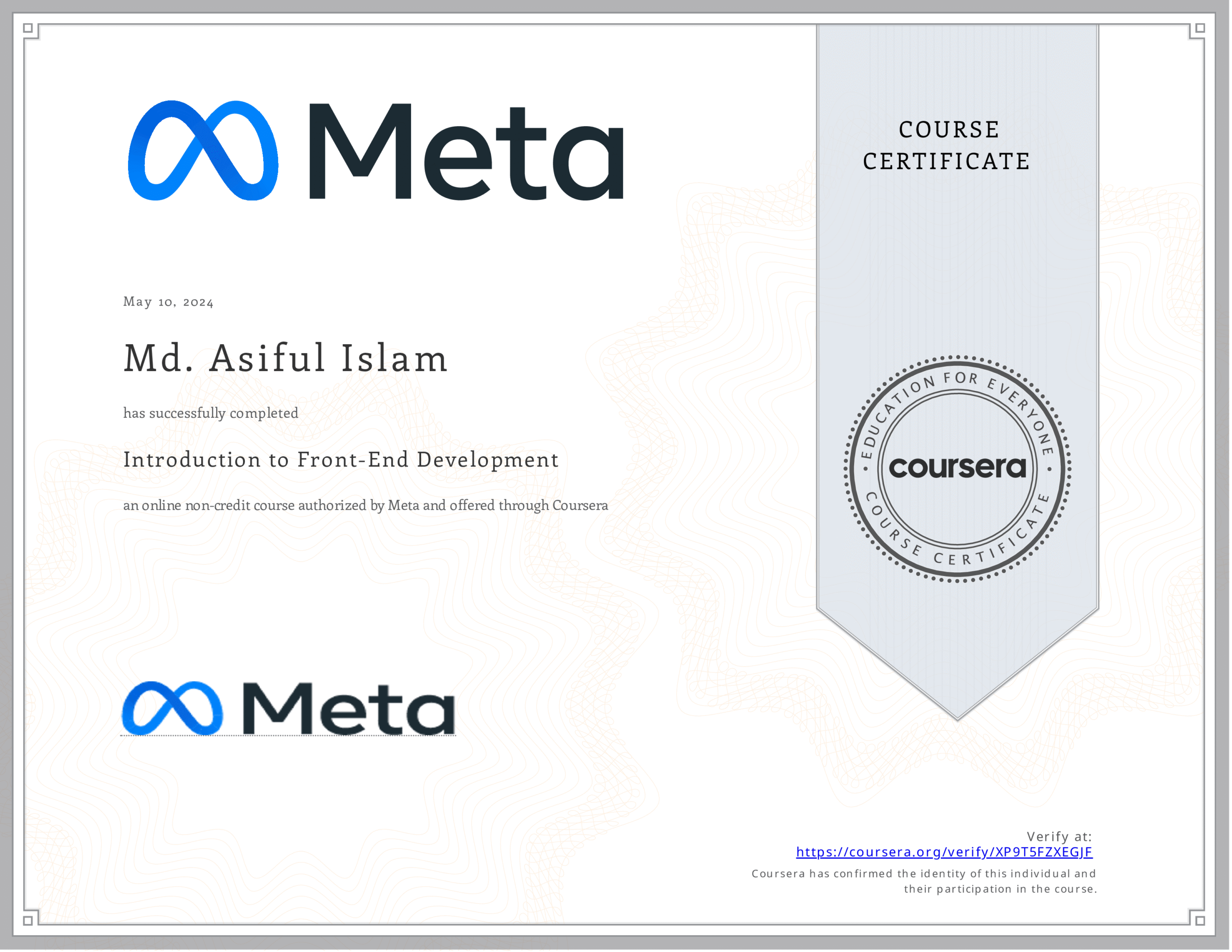 Certificate - Introduction to Front-End Development - Meta