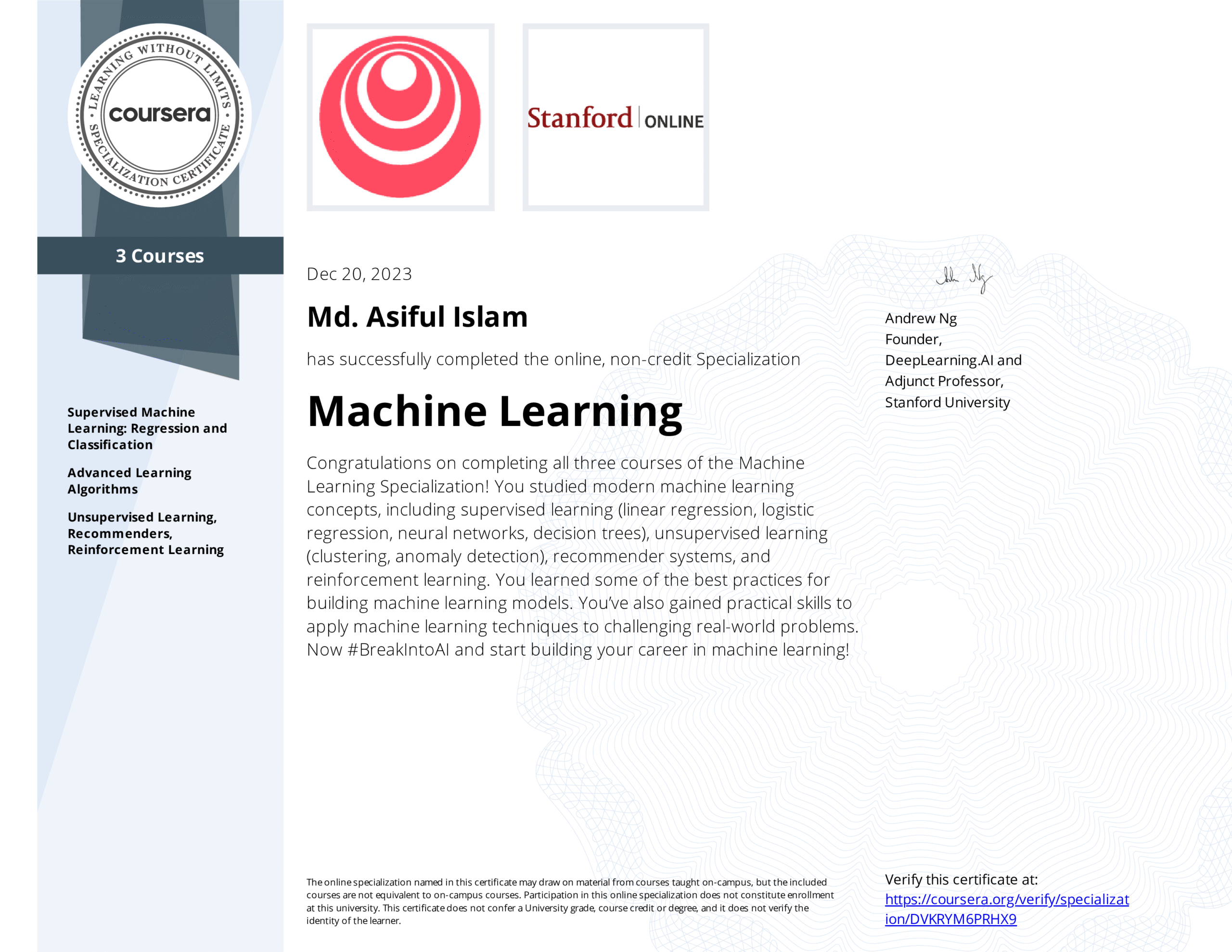 Certificate - Machine Learning Specialization - DeepLearning.Ai