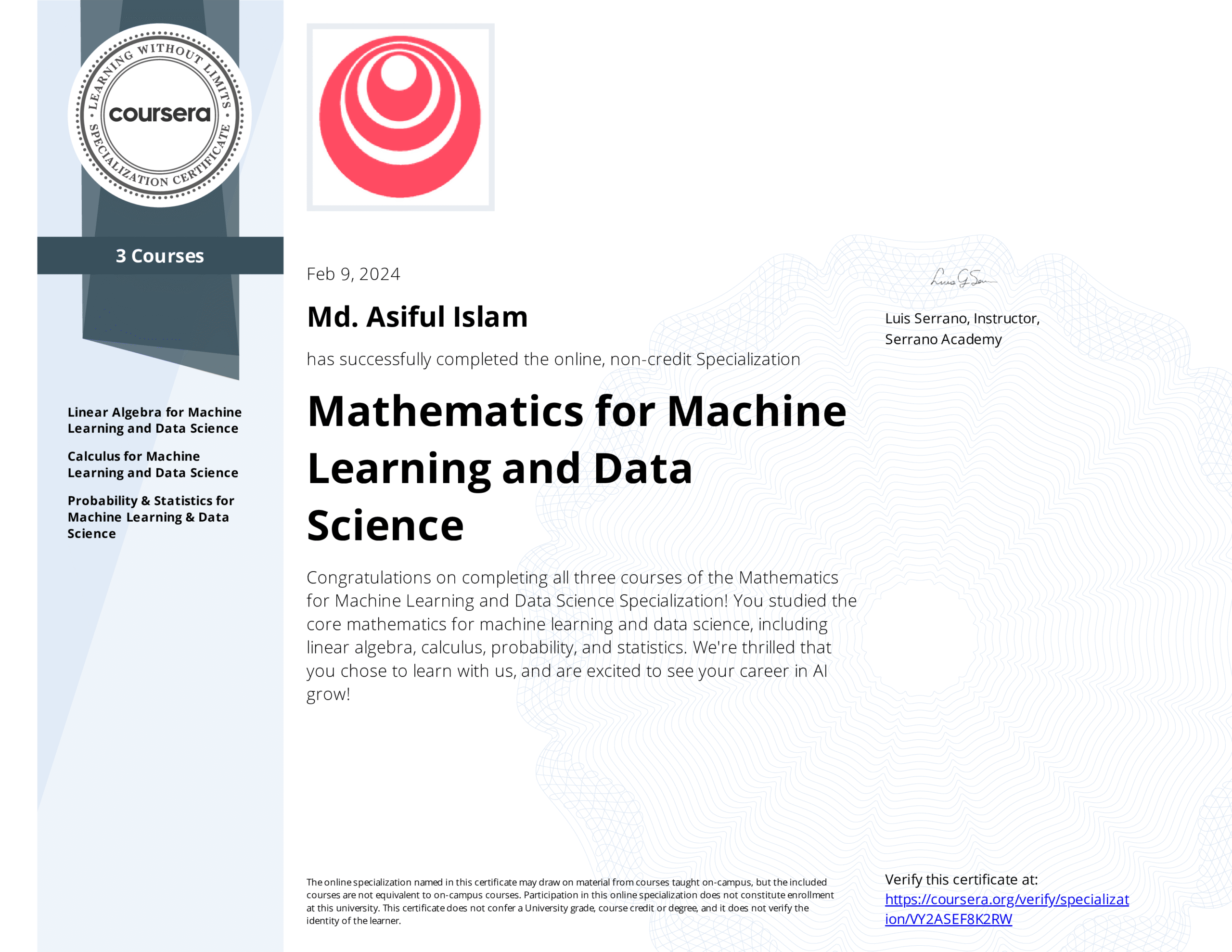 Certificate - Mathematics for Machine Learning and Data Science Specialization - DeepLearning.Ai