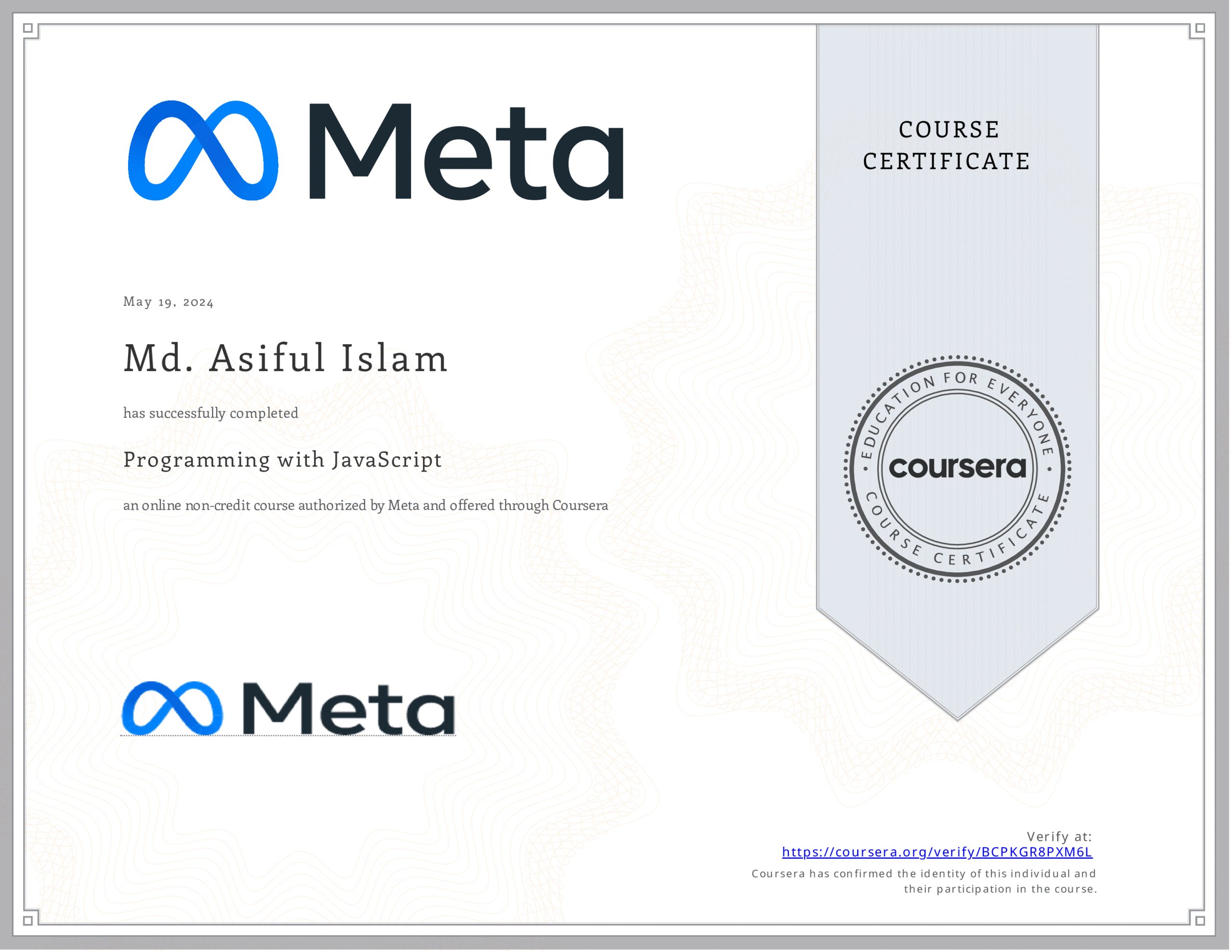 Certificate - Programming with JavaScript - Meta