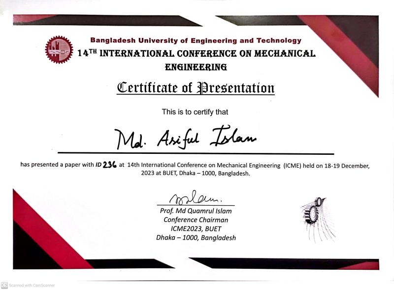 Certificate of Presentation - 14th International Conference on Mechanical Engineering - BUET