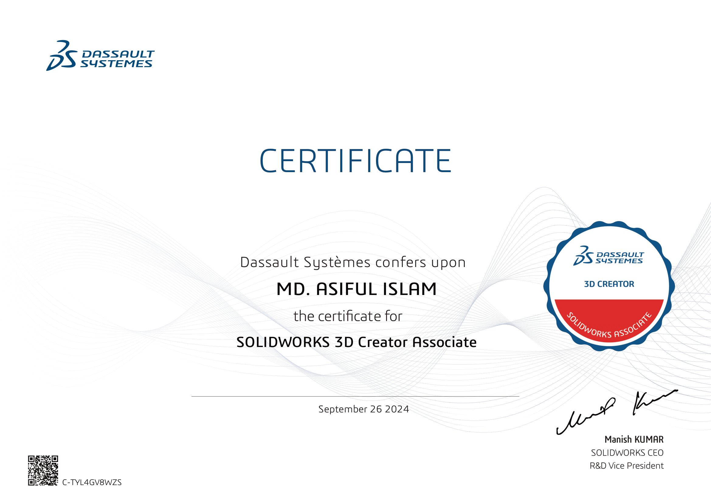 Certificate - SOLIDWORKS 3D Creator Associate - Dassault Systèmes
