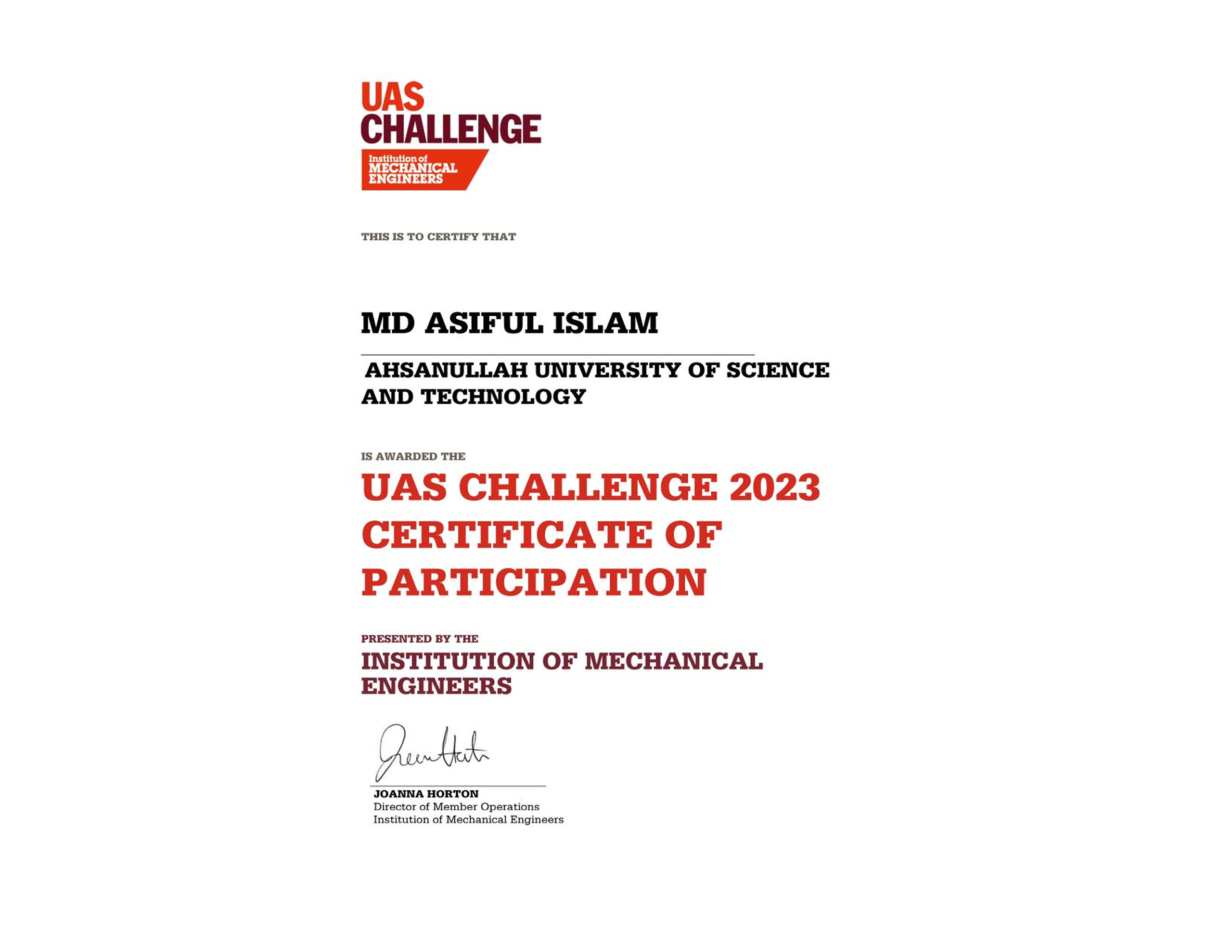 Certificate of Participation - UAS Challenge 2023 - IMechE